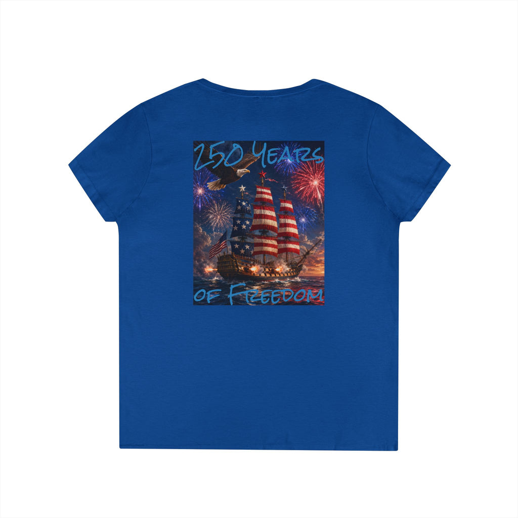 Women's 250 Years of Freedom patriotic ship tee | V-Neck T-Shirt