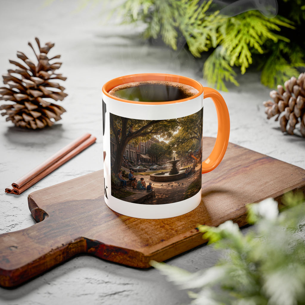 Men's City Park Fountain Neighborhood Scene mug | Color Accent Ceramic Coffee Cup