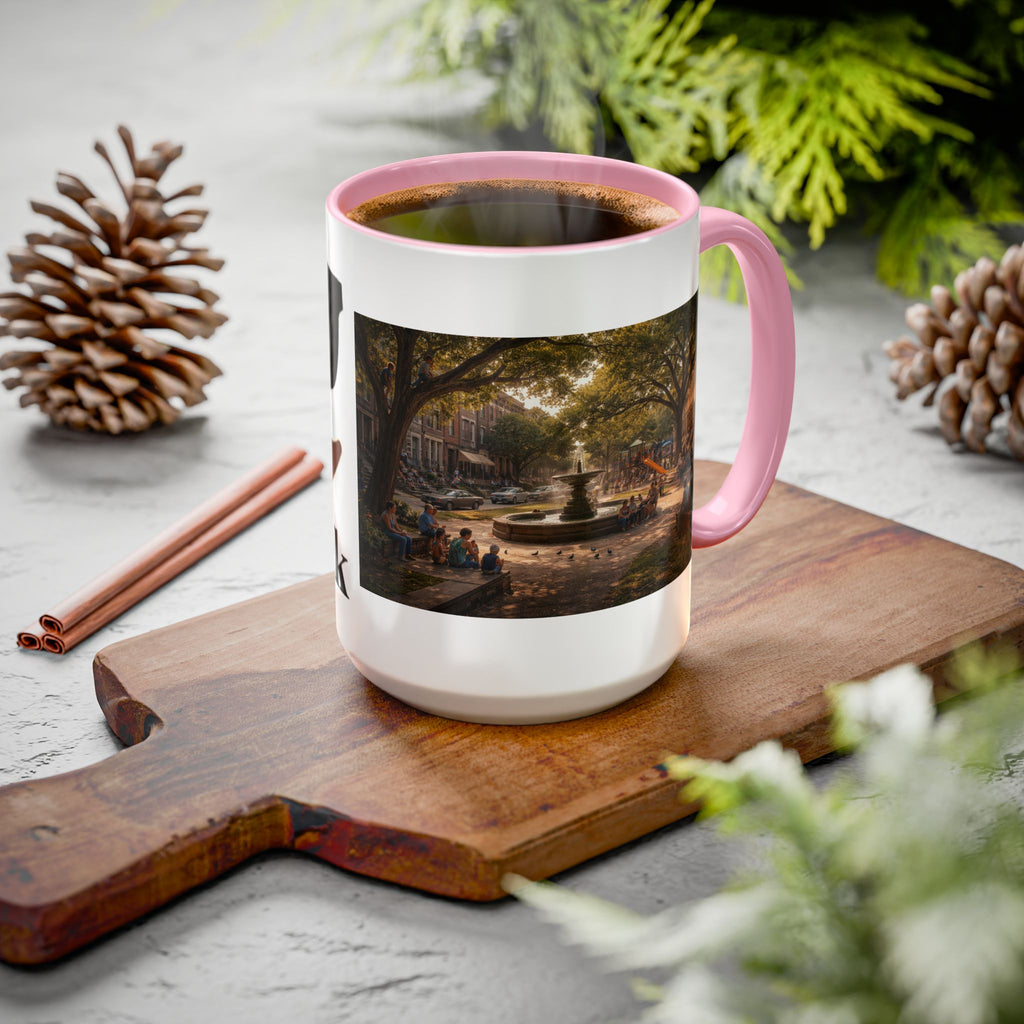Men's City Park Fountain Neighborhood Scene mug | Color Accent Ceramic Coffee Cup