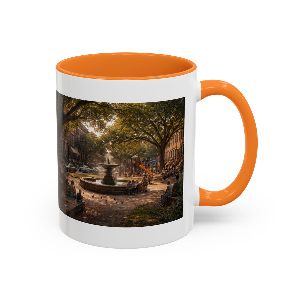 Men's City Park Fountain Neighborhood Scene mug | Color Accent Ceramic Coffee Cup