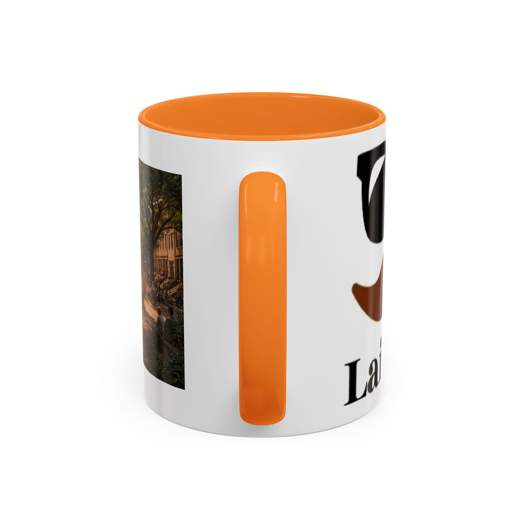 Men's City Park Fountain Neighborhood Scene mug | Color Accent Ceramic Coffee Cup