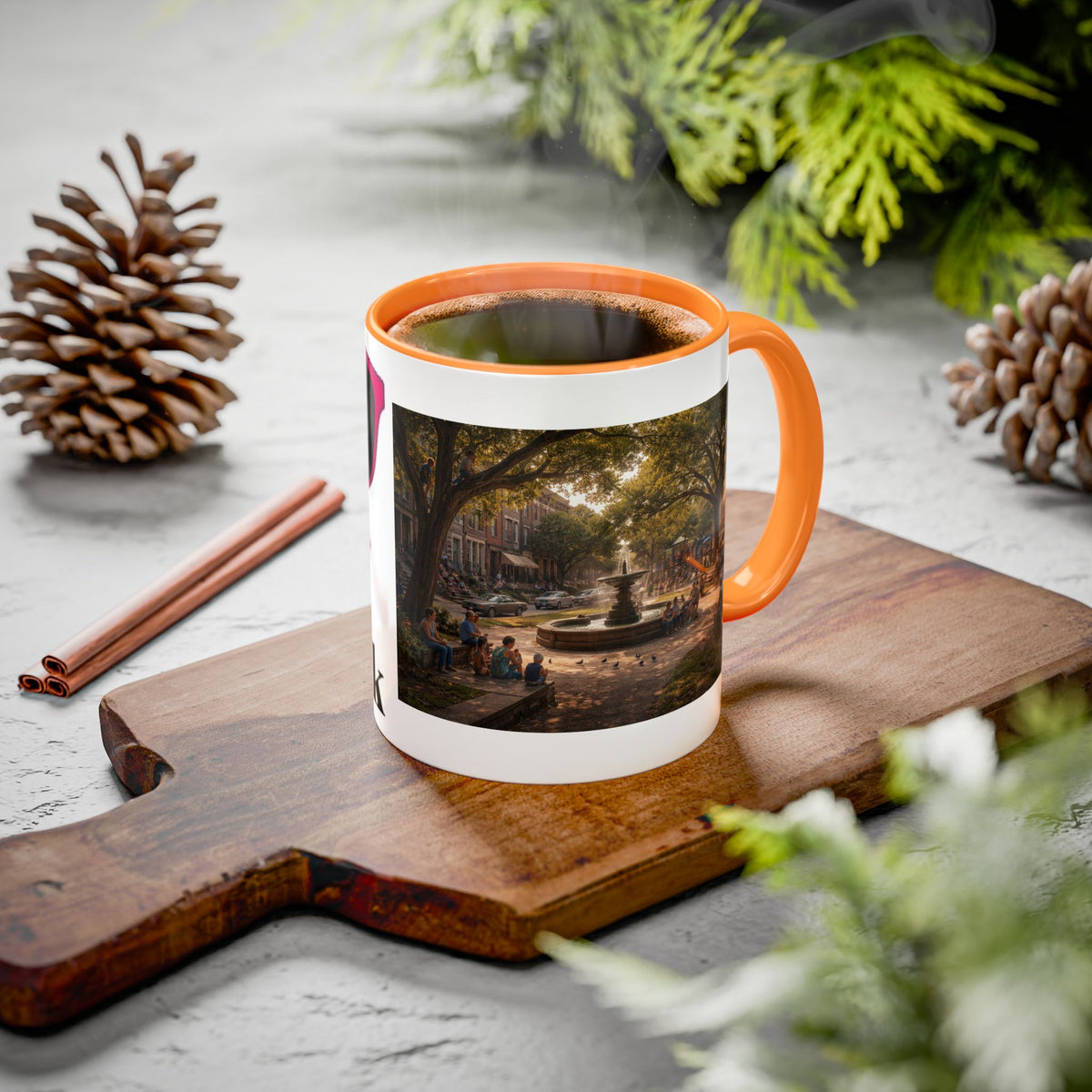 Women's City Park Fountain Neighborhood Scene Mug | Colorful Ceramic Coffee Cup