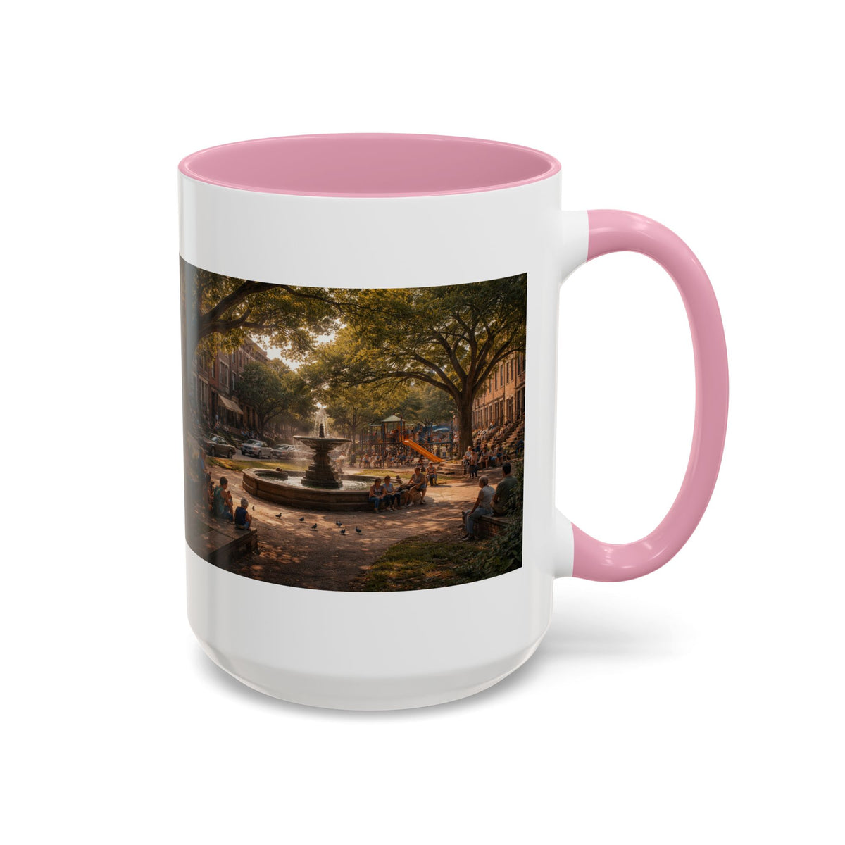 Men's City Park Fountain Neighborhood Scene mug | Color Accent Ceramic Coffee Cup