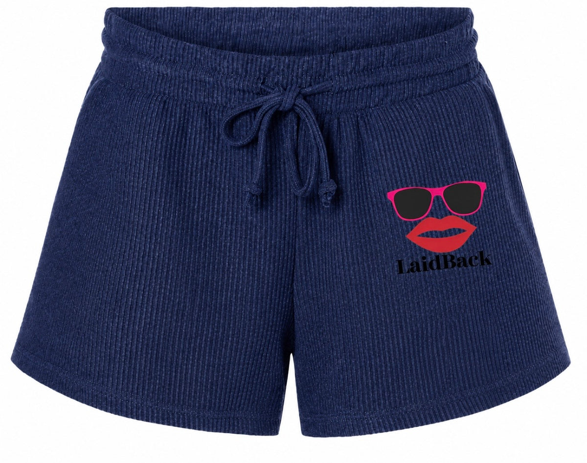 Women's LaidBack Ribbed Knit Lounge Shorts — Casual Summer Sleepwear with Sunglasses & Lips Graphic
